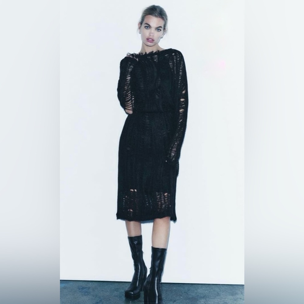 ZARA NWT Shredded Open Knit Distressed Black Blend Lace Midi Dress size S Luxury